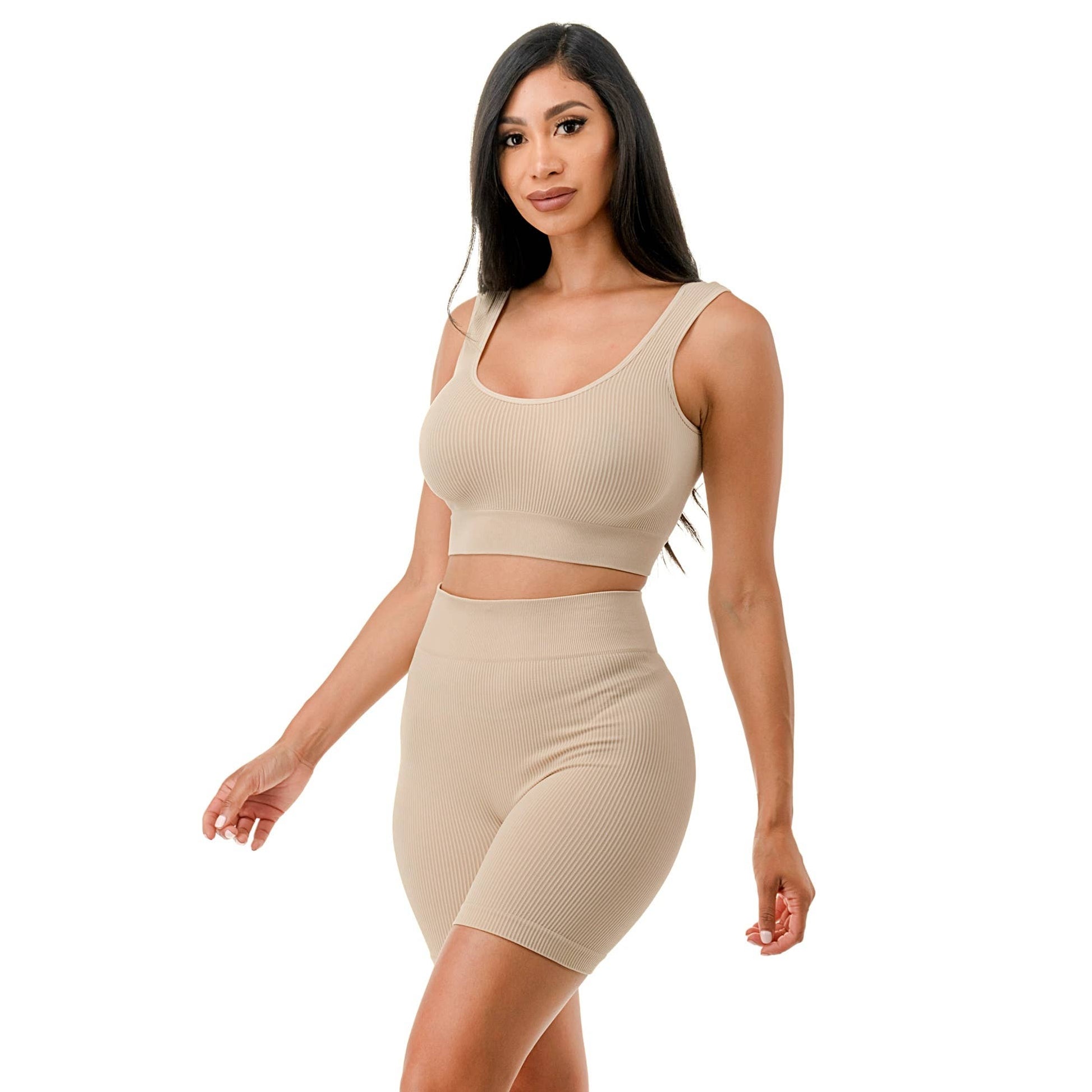 2PC Muscle Tank Sports Top Highwaist Short Set: KHAKI To Star