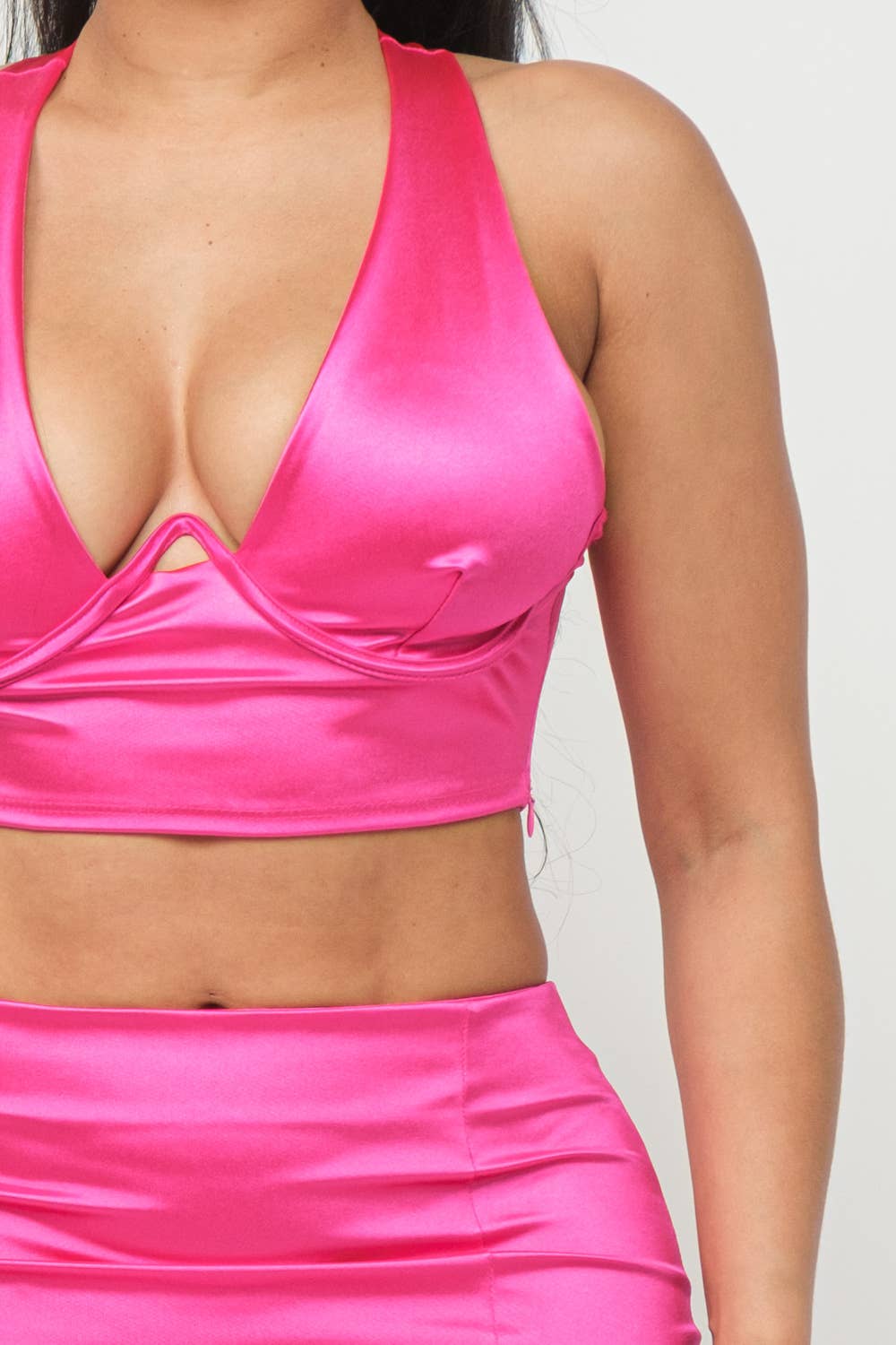 Open Front Wire Detail Top And Skirt Set: Fuchsia