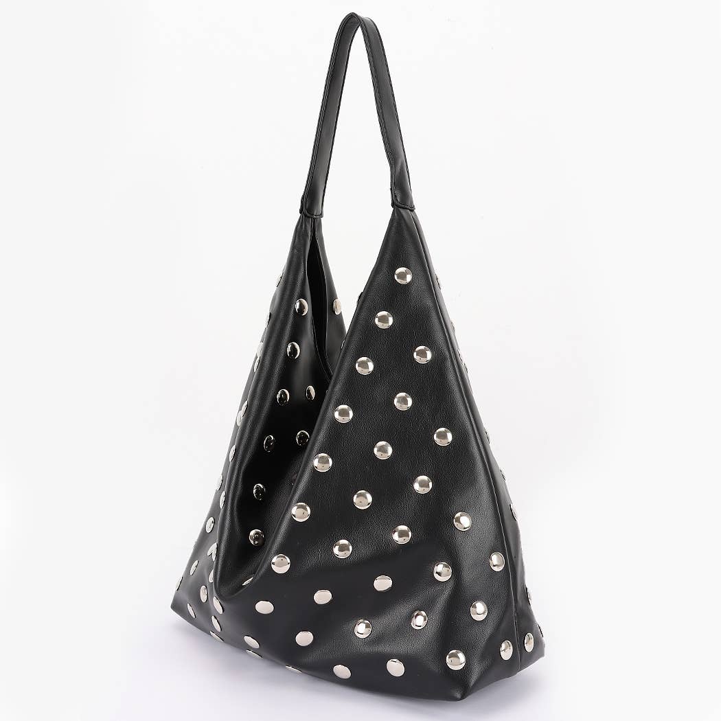 Studded Faux Leather Hobo Bag- BLK
