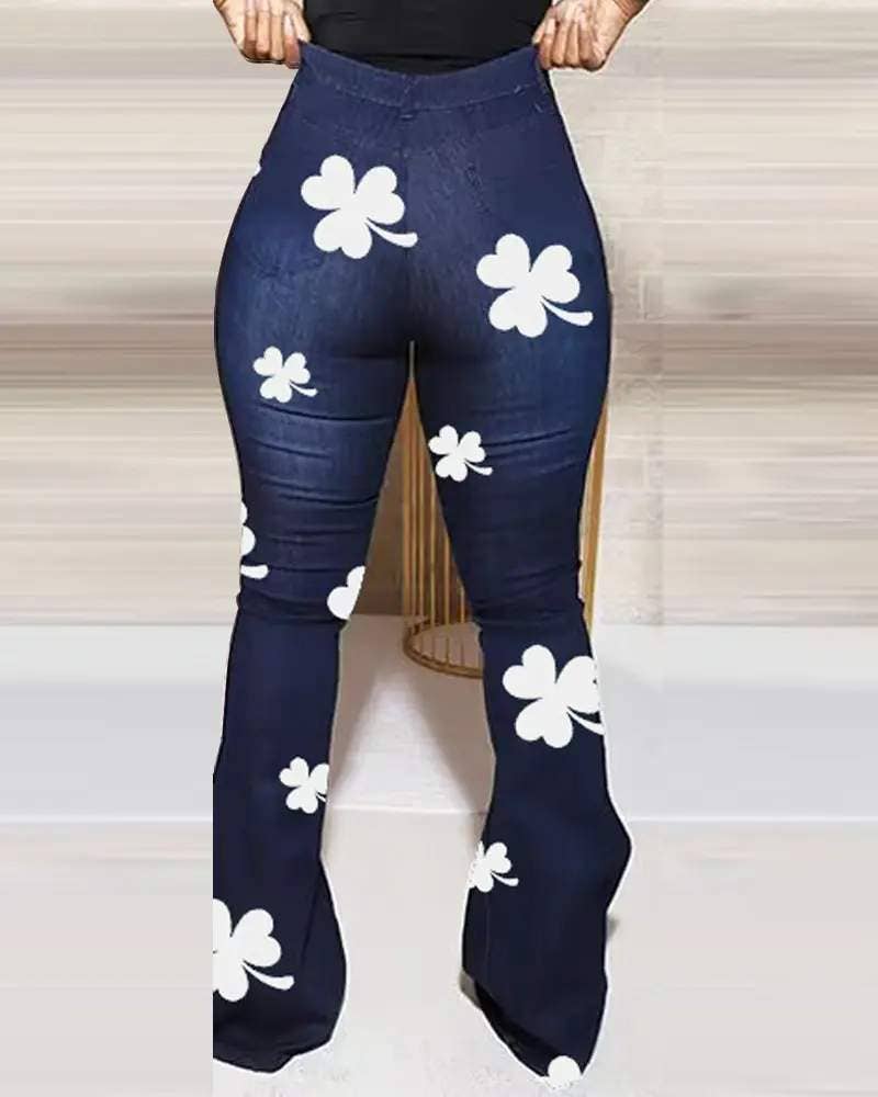 Shamrock print high waist flared leg jeans: DARK BLUE Bodi Language for Women