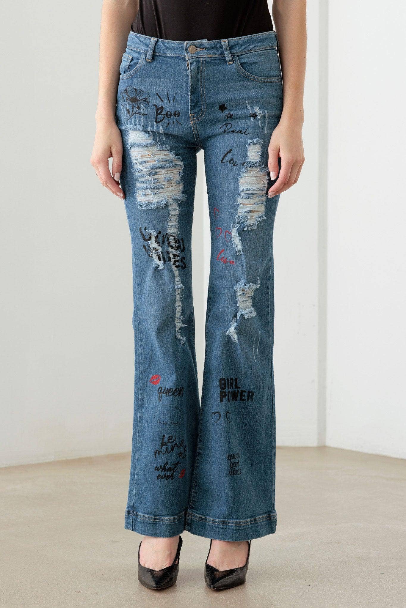 Graphic Print Flare Jeans: Dark Denim Blue Bodi Language for Women