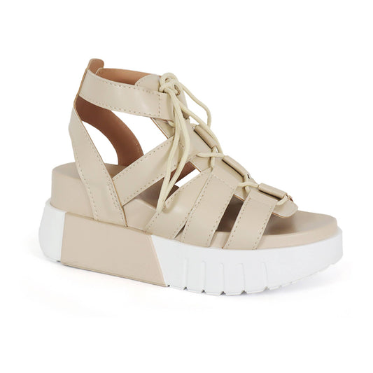 Lace Up Chunky Wedge Sandals: Beige