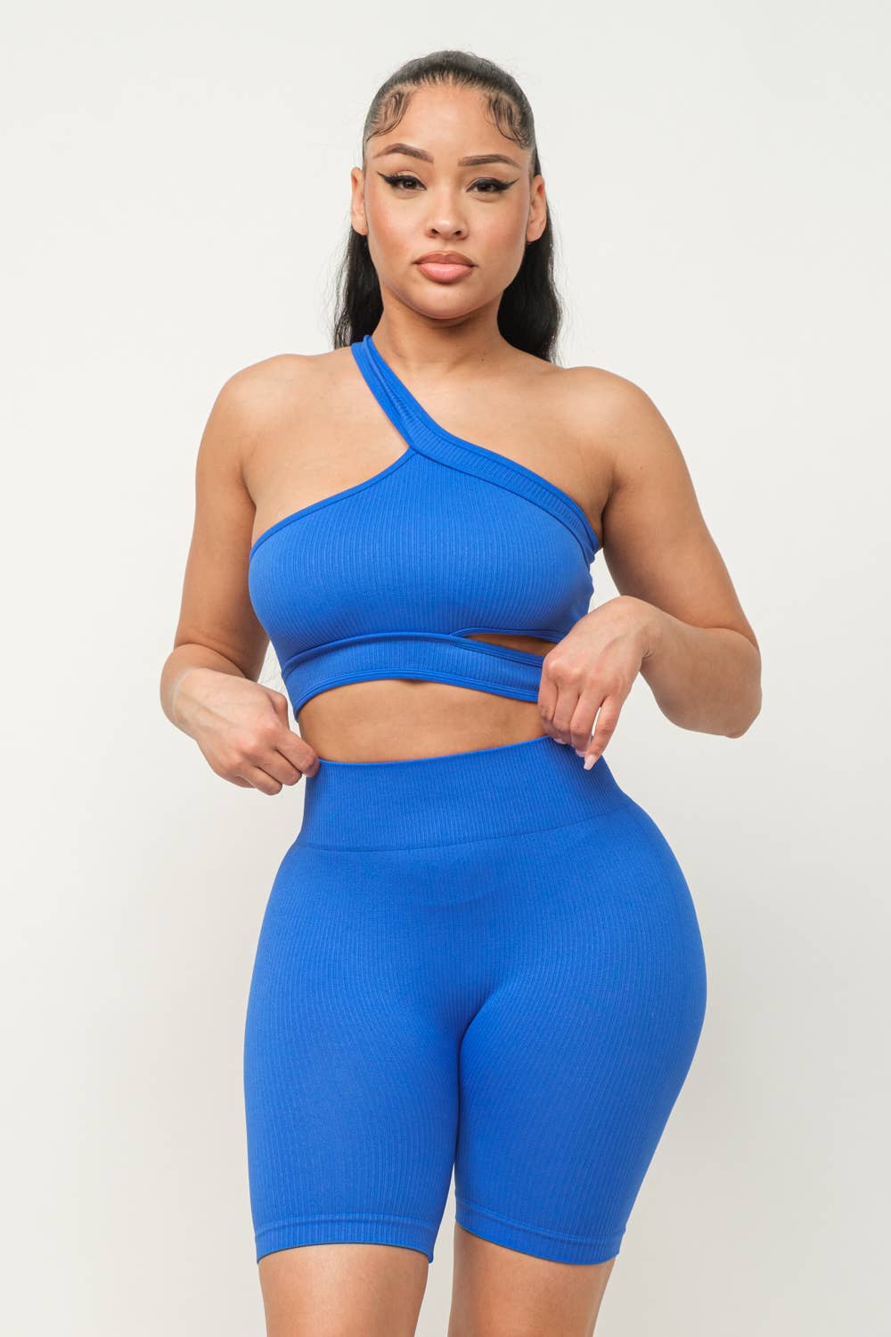 Cut Out One Shoulder Strap Top And Shorts Set: Pink