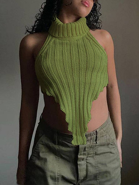 Ribbed Halter Turtleneck Knit Top-GREEN Bodi Language for Women