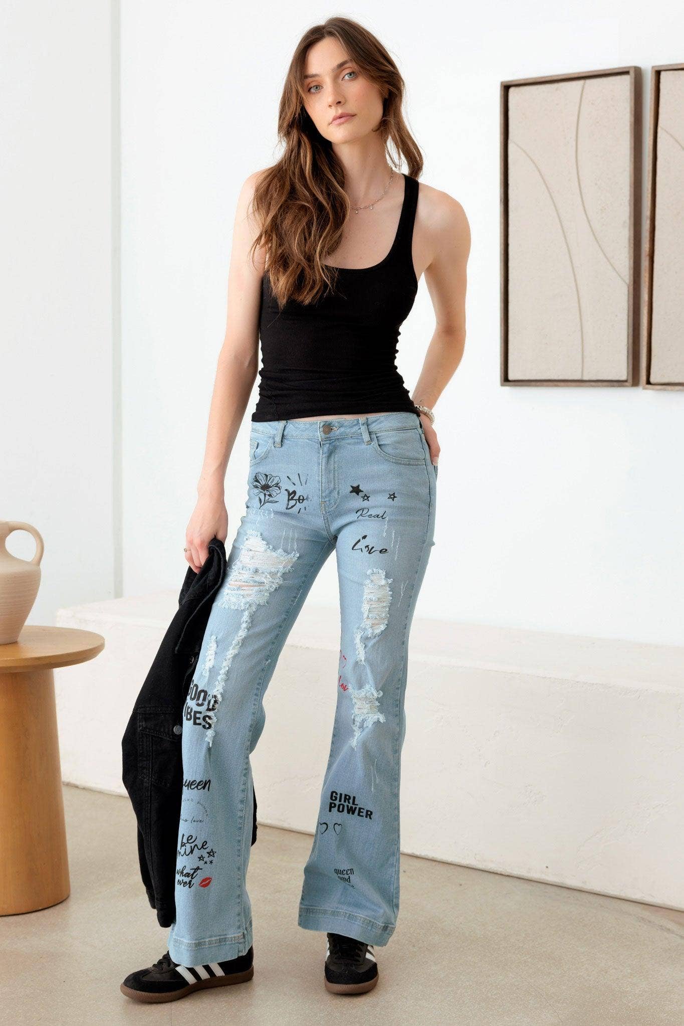 Graphic Print Flare Jeans: Dark Denim Blue Bodi Language for Women