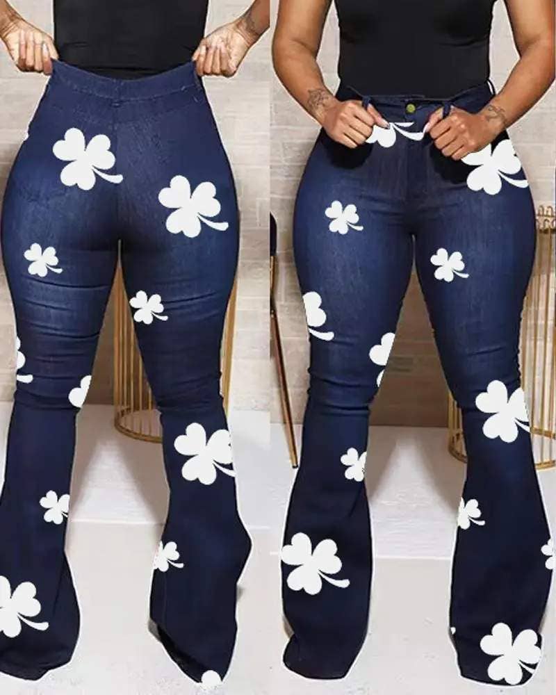 Shamrock print high waist flared leg jeans: DARK BLUE Bodi Language for Women