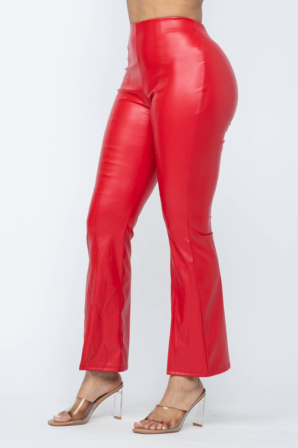 Pu Leather High Waisted Front Slit Hem Back Zipper Pants: Red Bodi Language for Women