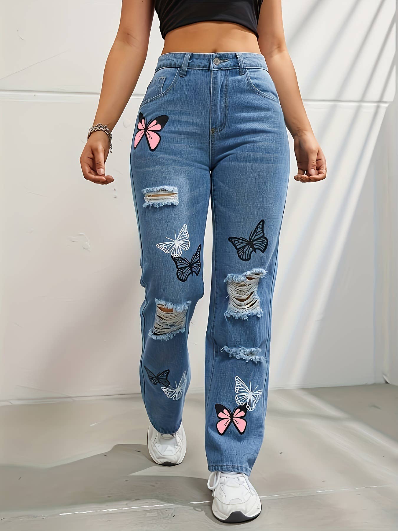 Tourtiwi - Women's butterfly print ripped high waist denim trousers: Blue / 2XL