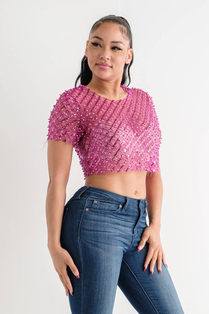 Mesh See Through All Over Pearl Beaded Sequin Top: Fuchsia