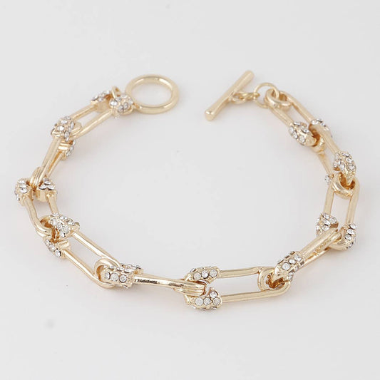 Rhinestone Embedded Safety Pin Chain Bracelet: Gold Clear