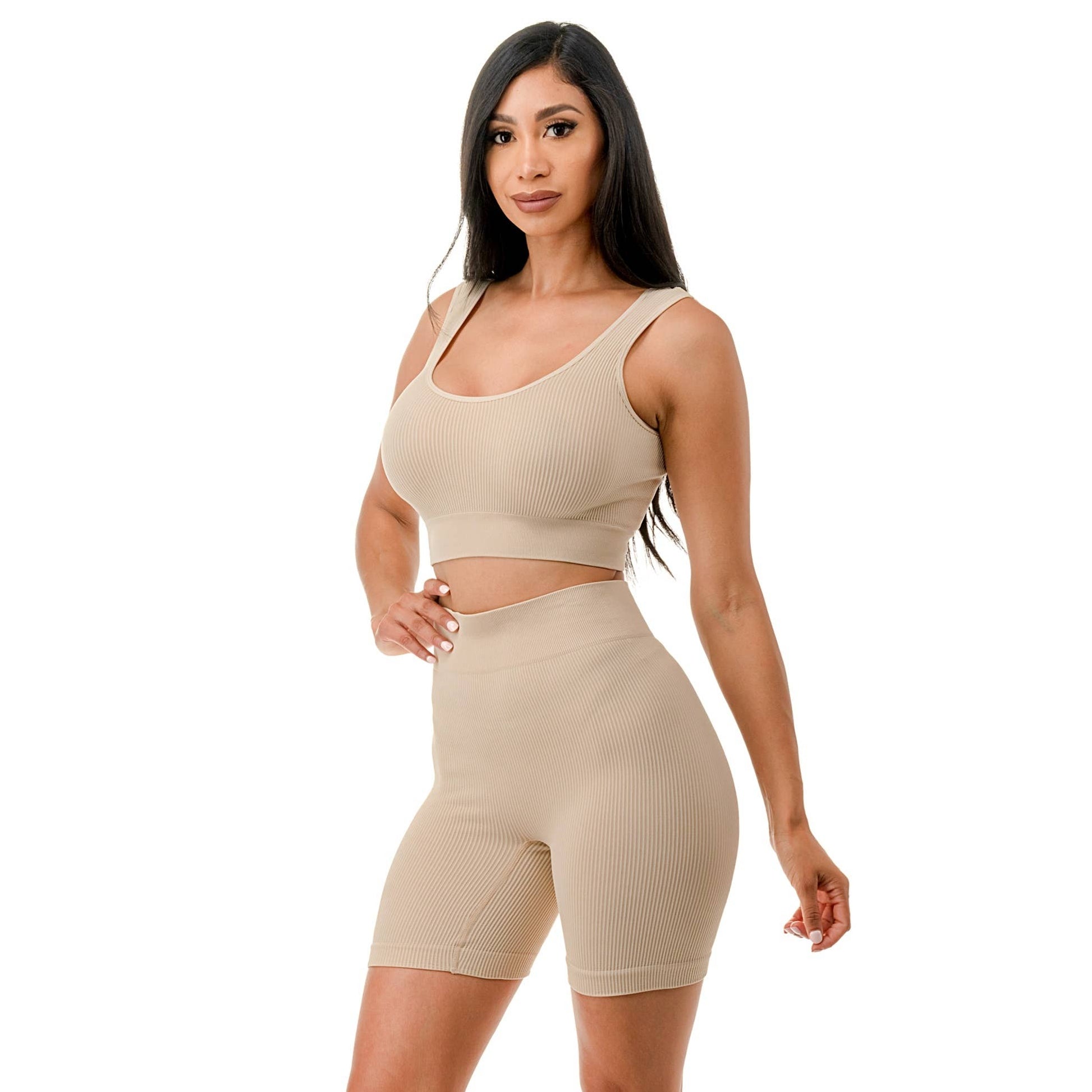 2PC Muscle Tank Sports Top Highwaist Short Set: KHAKI To Star