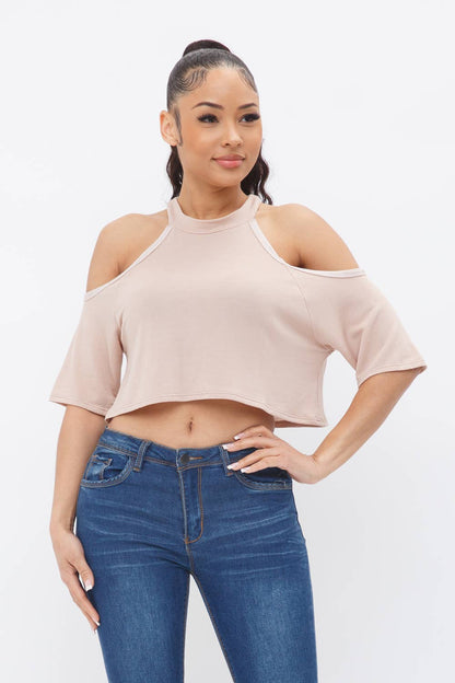 French Terry Solid Shoulder Cut Out Detail Half Sleeve Top-Khaki