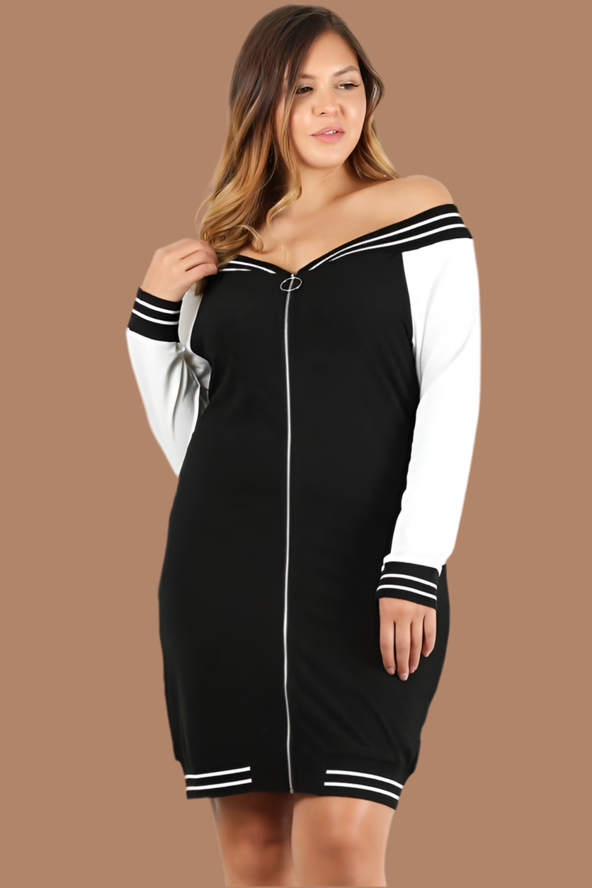 Plus Size Colorblock Off Shoulder Zip Dress - Black Bodi Language for Women