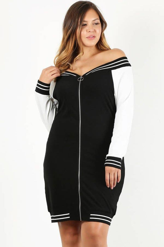 Plus Size Colorblock Off Shoulder Zip Dress - Black Bodi Language for Women