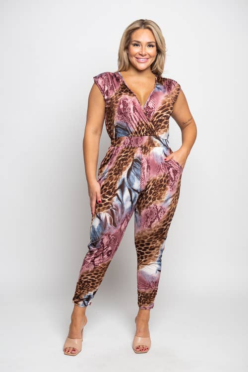 PLUS SURPLICE ANIMAL PRINT JUMPSUIT: Purple