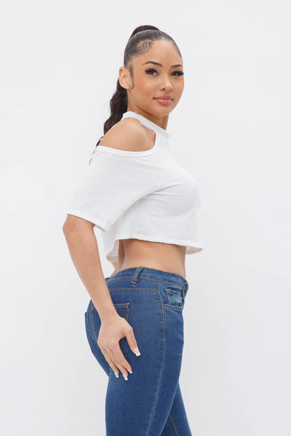 French Terry Solid Shoulder Cut Out Detail Half Sleeve Top- White