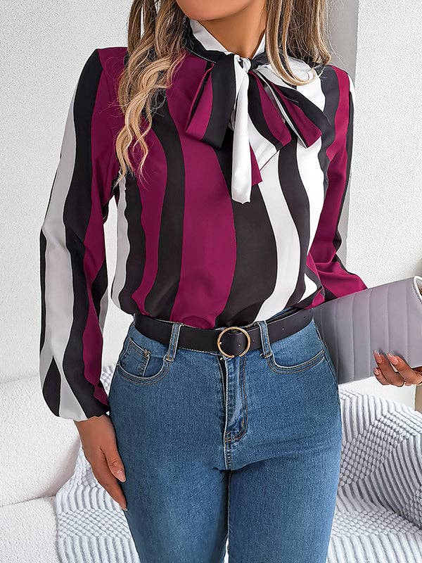 VividLux - Long Sleeves Loose Contrast Color Elasticity Striped Tied Mock Neck Blouses&Shirts Tops: BURGUNDY / M VividLux
