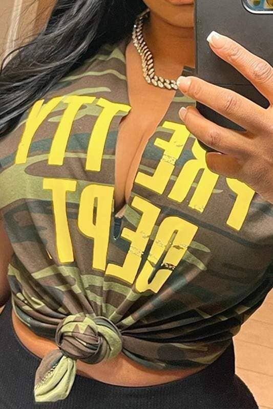 Camo plunging neck tee Bodi Language for Women