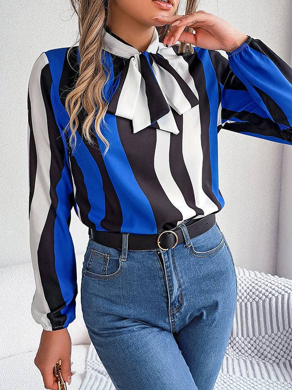 VividLux - Long Sleeves Loose Contrast Color Elasticity Striped Tied Mock Neck Blouses&Shirts Tops: BURGUNDY / L VividLux