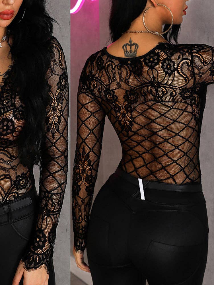 Tourtiwi - Sexy See-through Long-Sleeved Eyelash Jumpsuit: Black / S