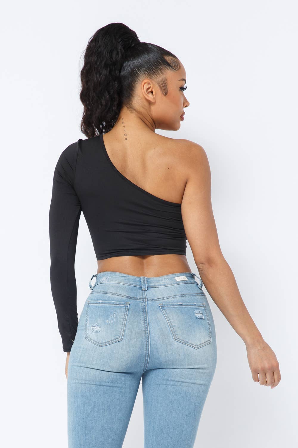 Yoga Fabric One Shoulder Front Open Tie Crop Top: Black