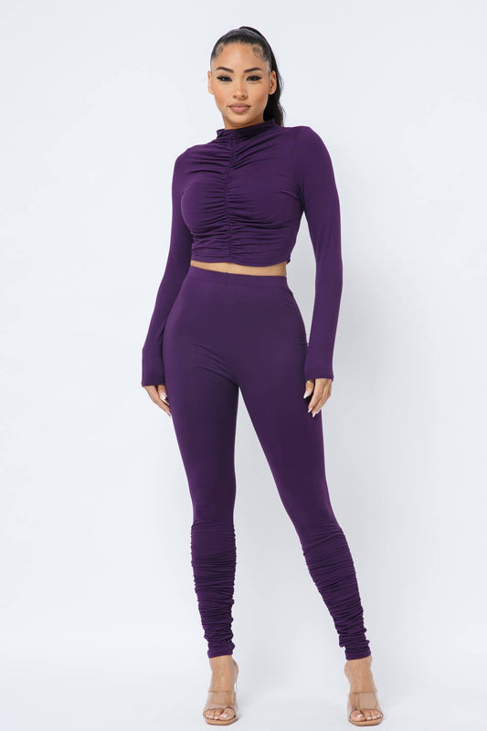 Top Ruched Legging Set: Eggplant