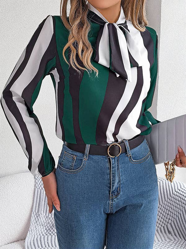 VividLux - Long Sleeves Loose Contrast Color Elasticity Striped Tied Mock Neck Blouses&Shirts Tops: BURGUNDY / L VividLux