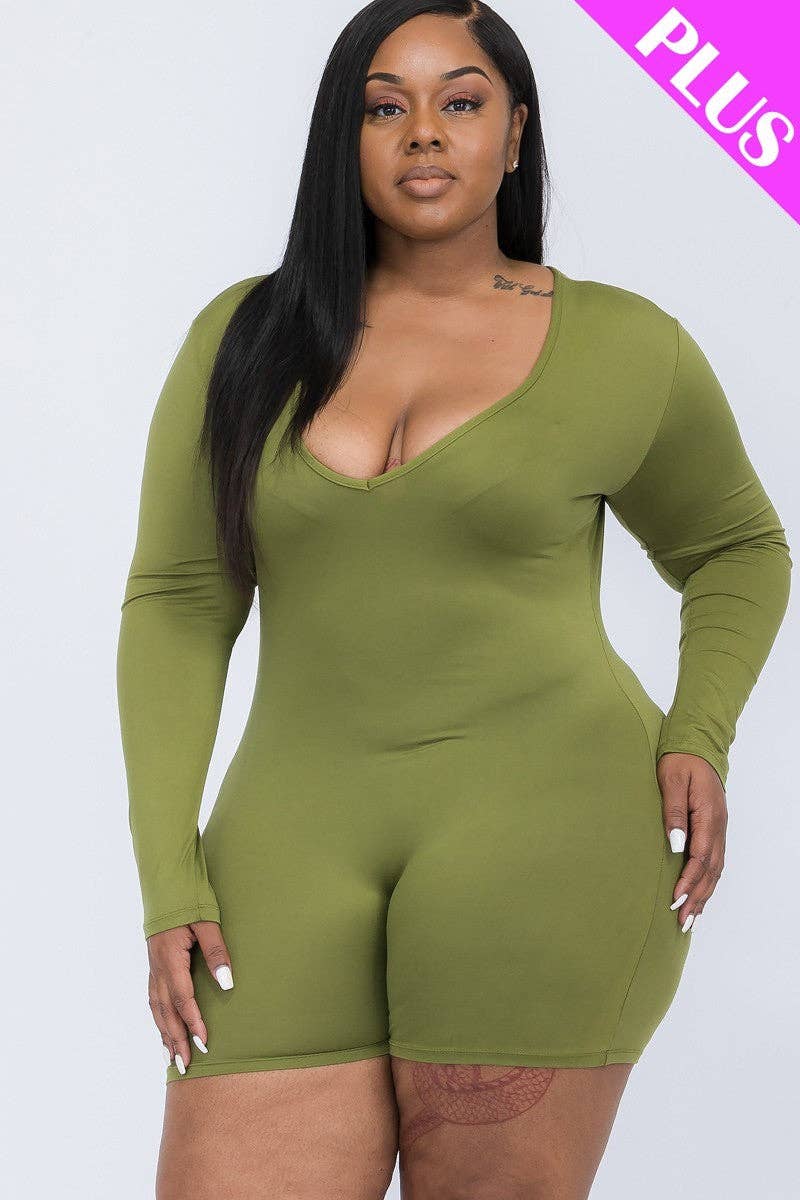 Plus Size V-neck Long Sleeve Bodycon Romper Bodi Language for Women