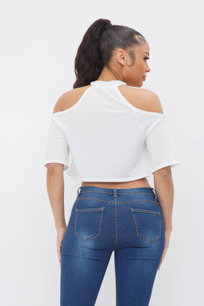 French Terry Solid Shoulder Cut Out Detail Half Sleeve Top- White