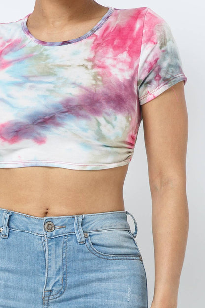 Tie Dye Open Back Tie Detail Crop Top: Pink Combo