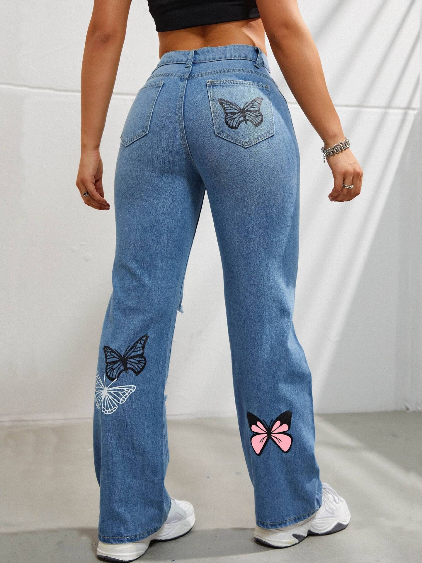 Tourtiwi - Women's butterfly print ripped high waist denim trousers: Blue / 2XL