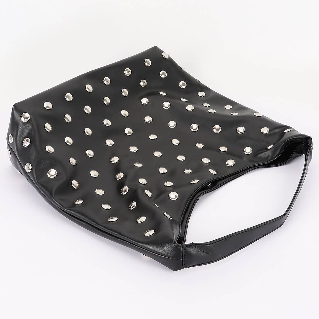 Studded Faux Leather Hobo Bag- BLK