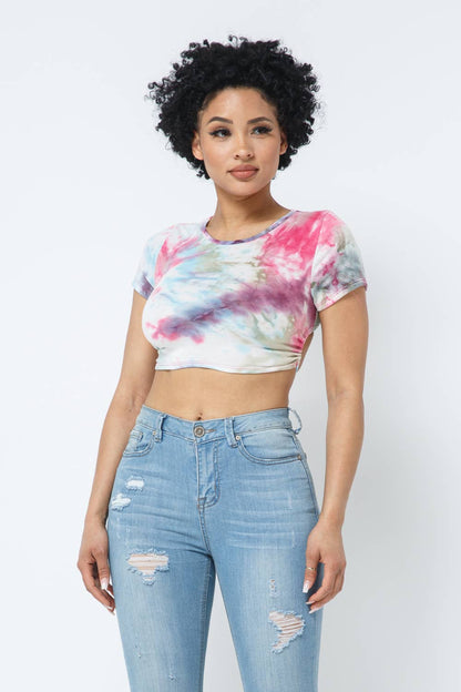 Tie Dye Open Back Tie Detail Crop Top: Pink Combo