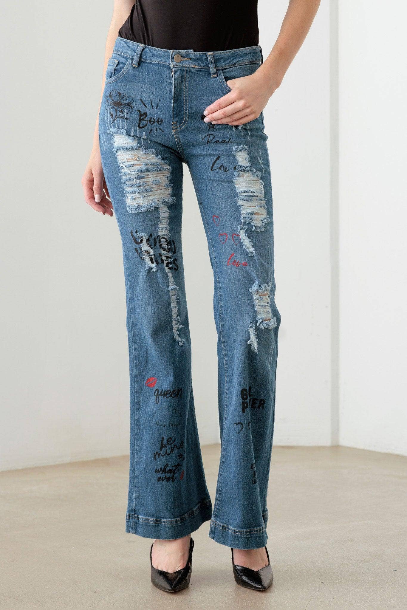 Graphic Print Flare Jeans: Dark Denim Blue Bodi Language for Women