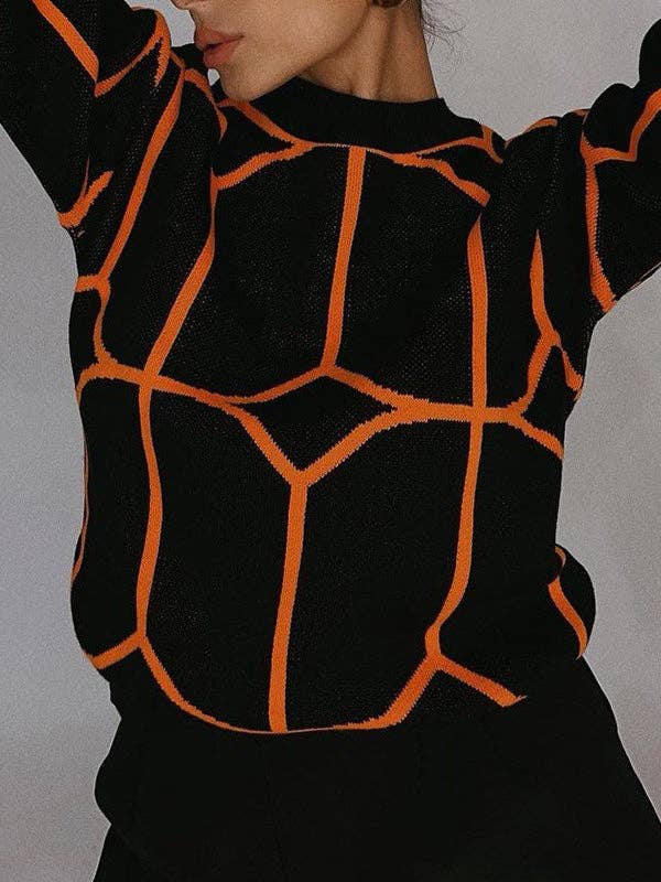 VividLux - Long Sleeves Loose Geometric Round-Neck Knitwear Pullovers Sweater Tops: BLUE / M VividLux