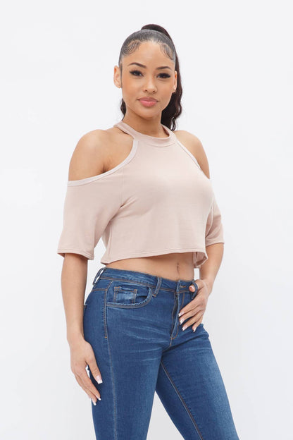 French Terry Solid Shoulder Cut Out Detail Half Sleeve Top-Khaki