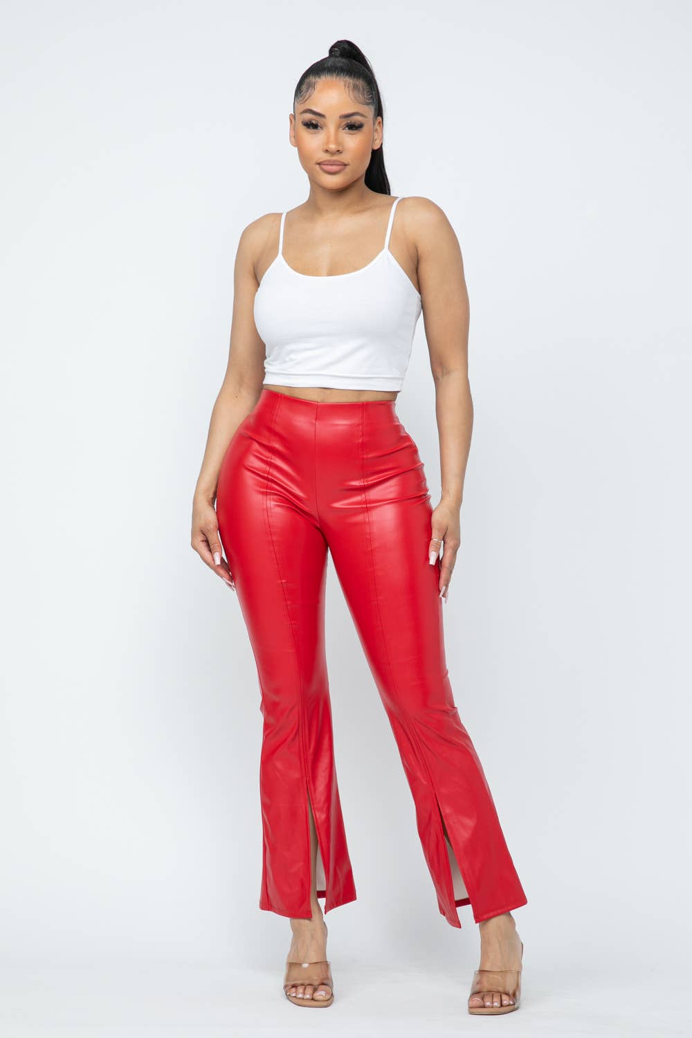 Pu Leather High Waisted Front Slit Hem Back Zipper Pants: Red Bodi Language for Women