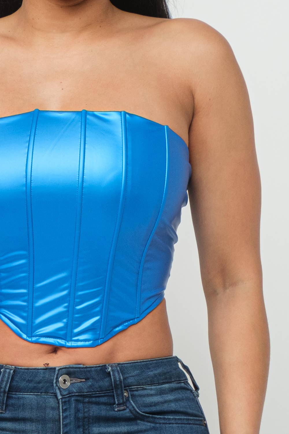 Metallic Leather Corset Style Detail Tube Top: Blue