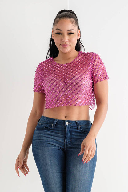 Mesh See Through All Over Pearl Beaded Sequin Top: Fuchsia