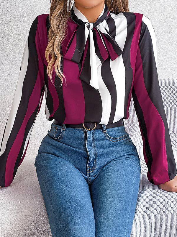 VividLux - Long Sleeves Loose Contrast Color Elasticity Striped Tied Mock Neck Blouses&Shirts Tops: BURGUNDY / M VividLux