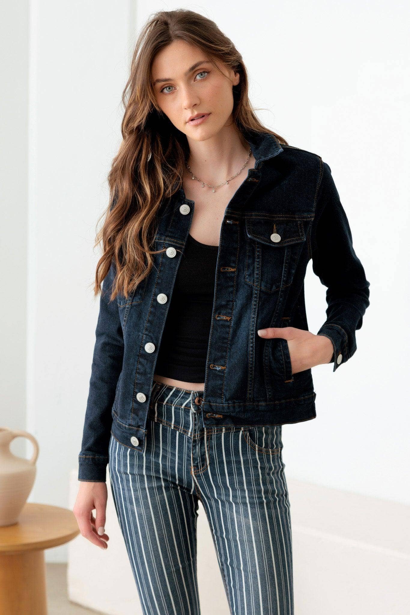 Dark Wash Denim Jacket Bodi Language for Women