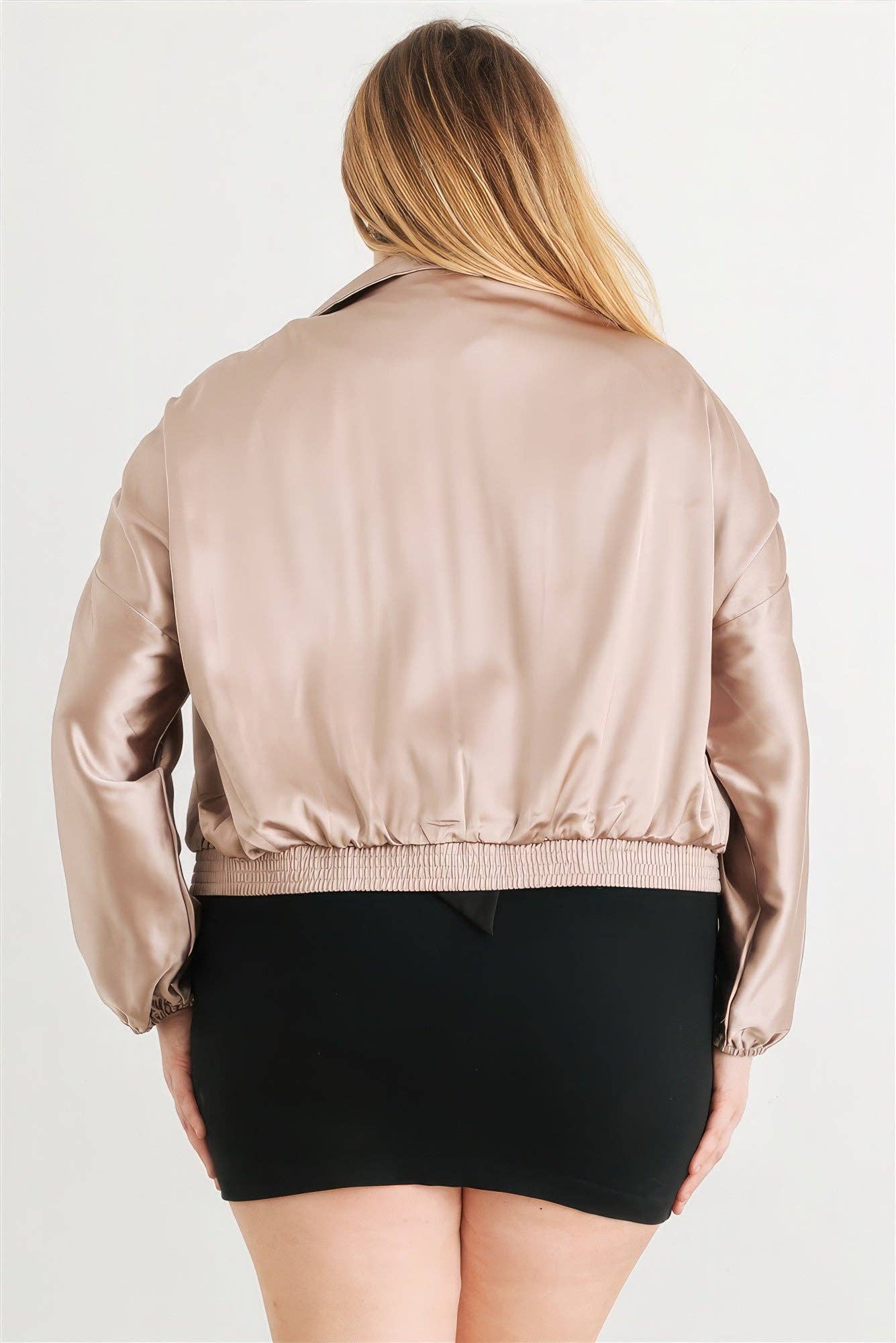 Plus Satin Zip-up Ruched Long Sleeve Cropped Bomber Jacket Bodi Language for Women