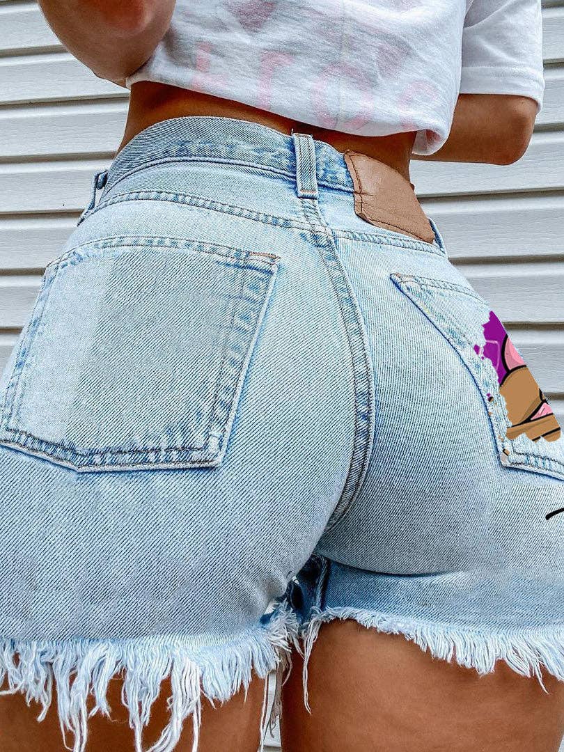 Bite Finger Printed Ripped Jeans: Blue / M