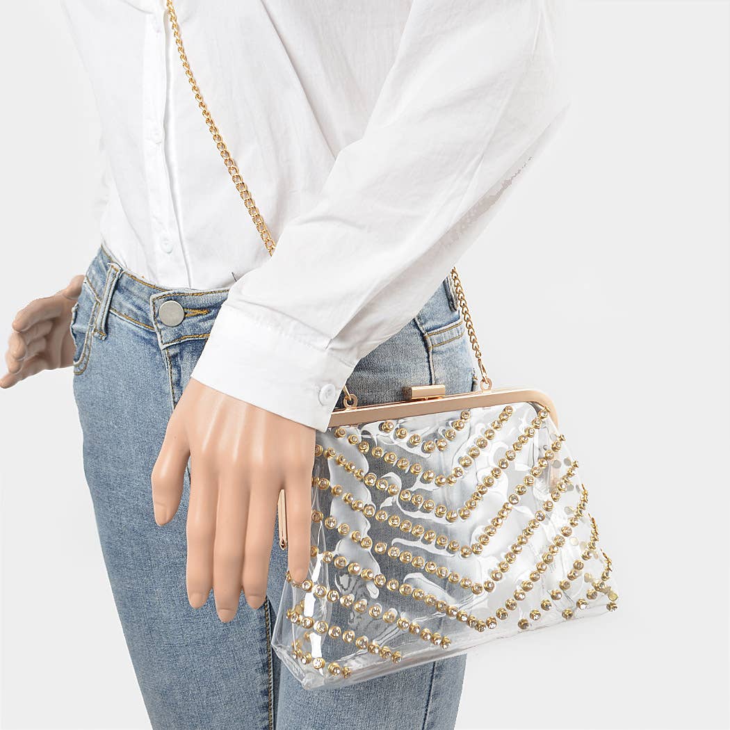 Metal Studded Transparent Clutch: Clear Bodi Language Boutique