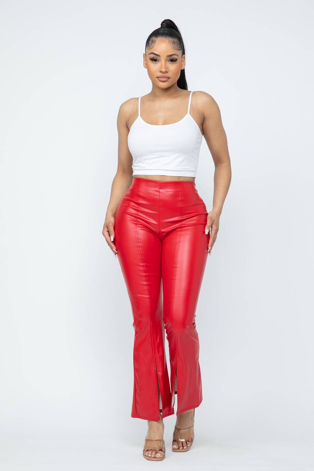 Pu Leather High Waisted Front Slit Hem Back Zipper Pants: Red Bodi Language for Women