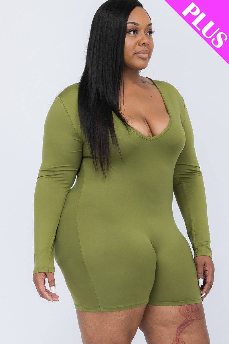 Plus Size V-neck Long Sleeve Bodycon Romper Bodi Language for Women