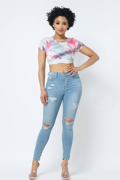 Tie Dye Open Back Tie Detail Crop Top: Pink Combo