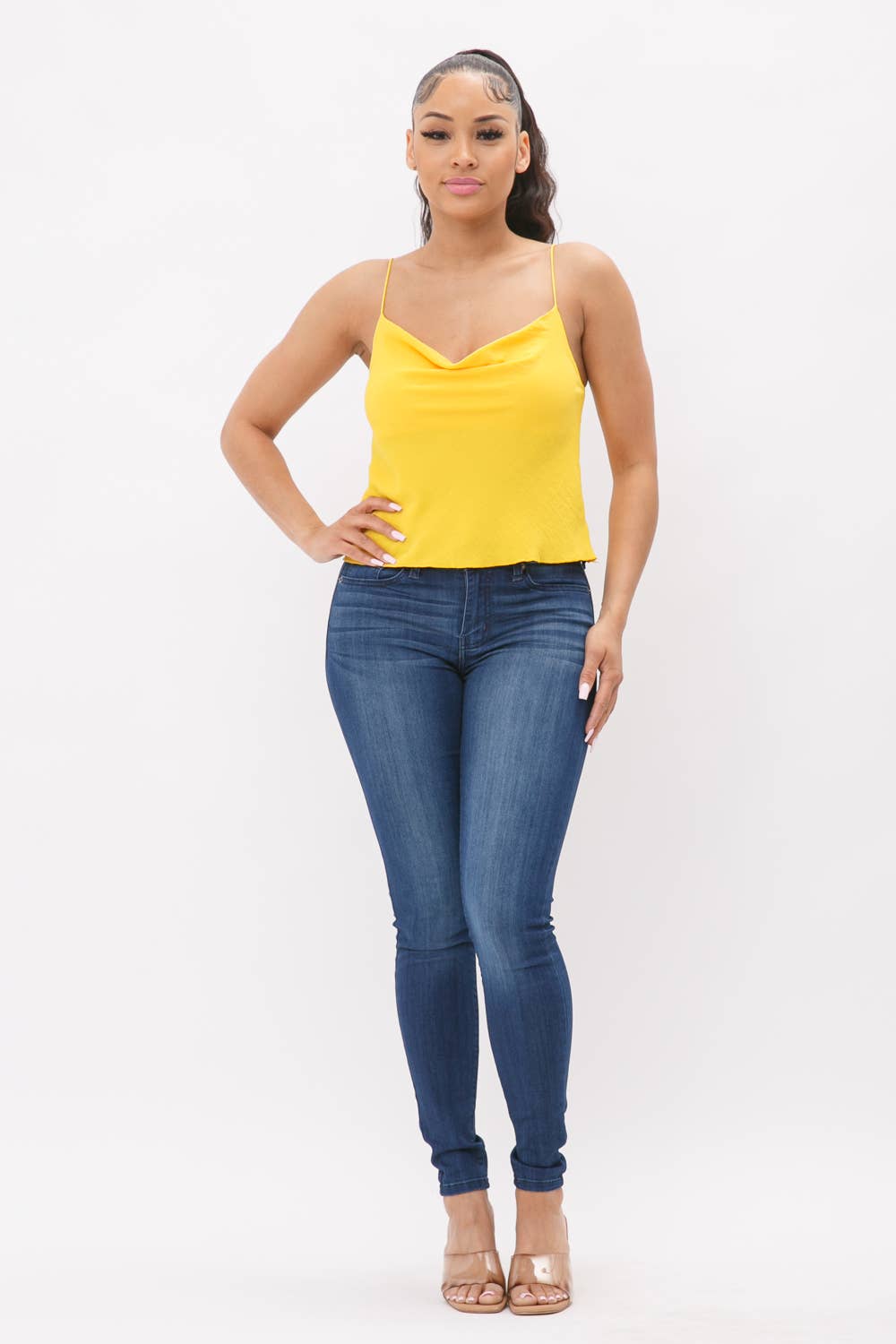 Cowl Neck Spaghetti Strap Cami Top: Yellow