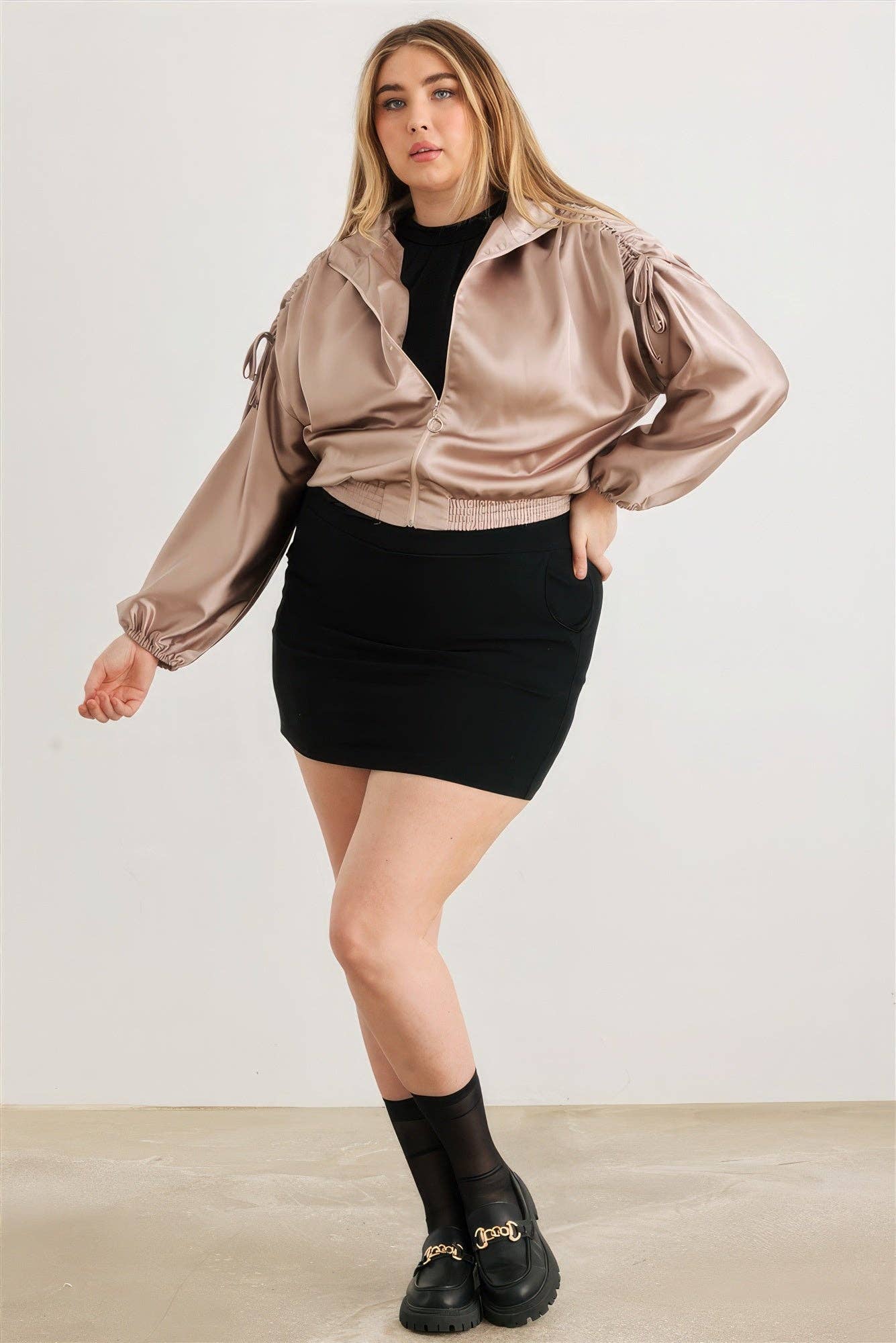 Plus Satin Zip-up Ruched Long Sleeve Cropped Bomber Jacket Bodi Language for Women