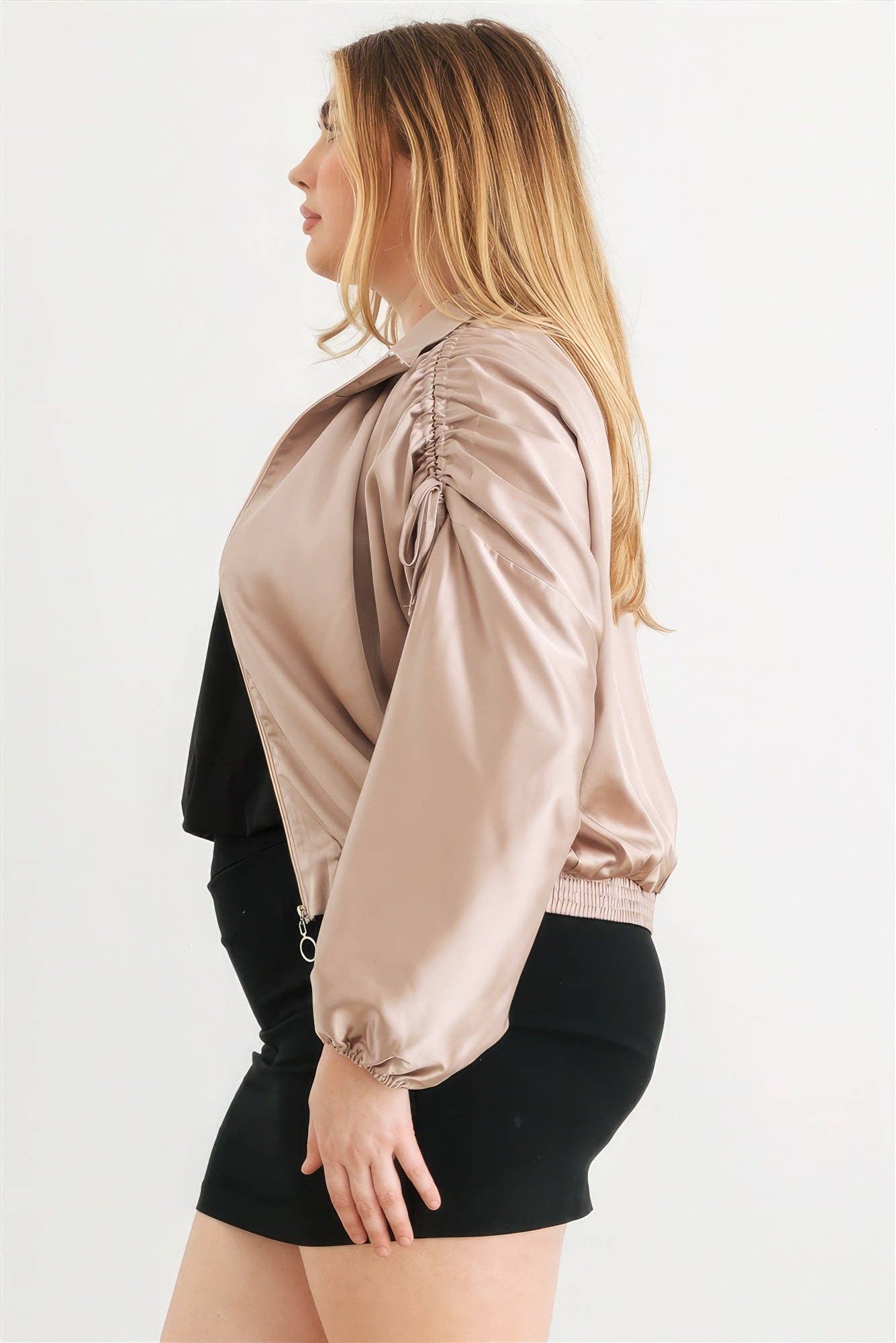 Plus Satin Zip-up Ruched Long Sleeve Cropped Bomber Jacket Bodi Language for Women